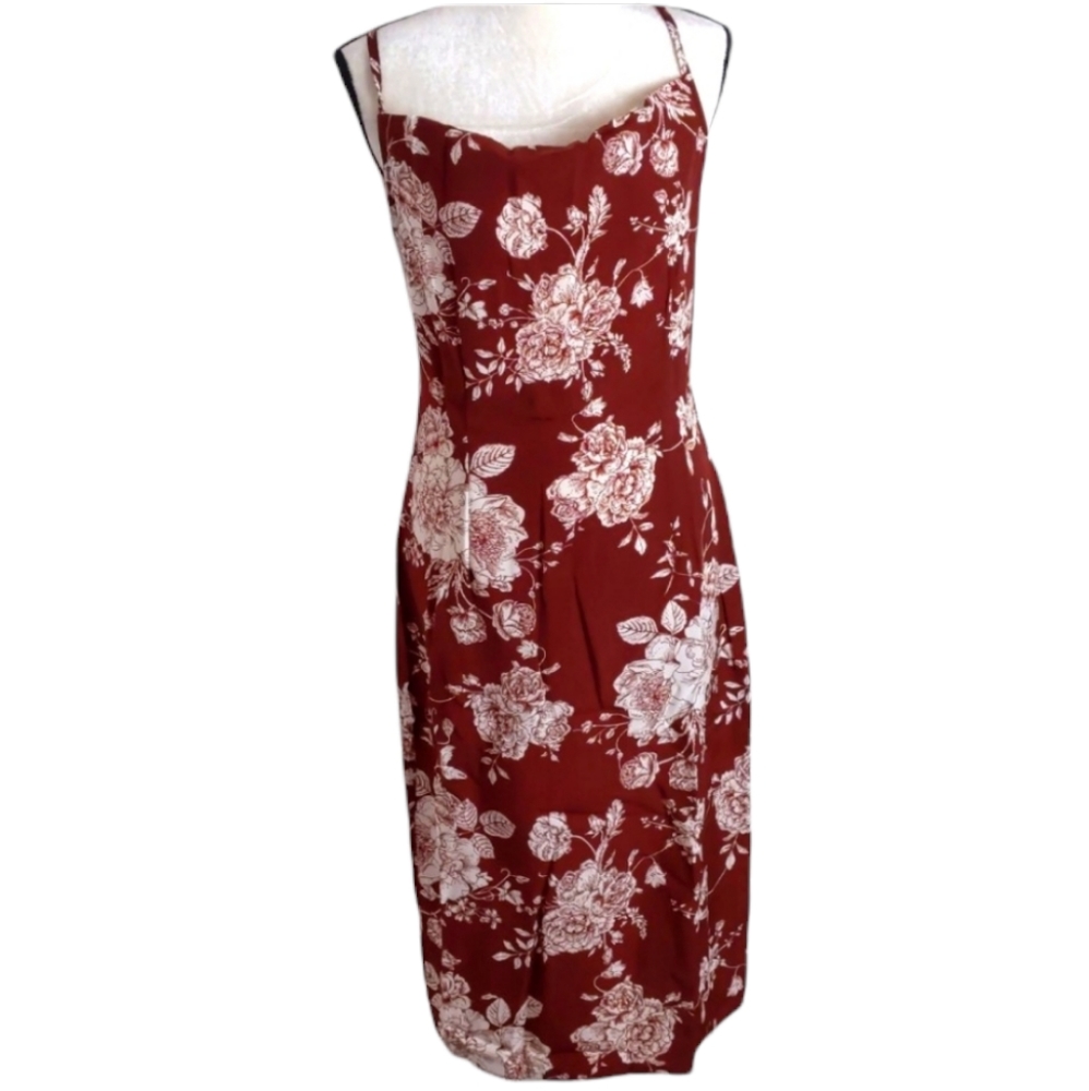 🆕 FLORAL Cowl Neck Burgundy Dress with Back Slit / Medium - Picture 8 of 8